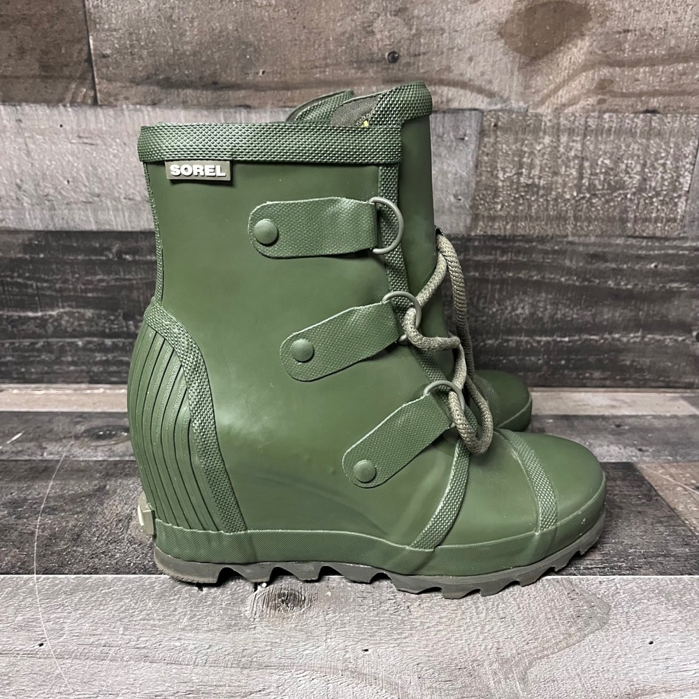 Sorel Joan of Arctic Wedge Rain Boots Olive Green Rubber Lace Up Waterproof - Picture 2 of 12